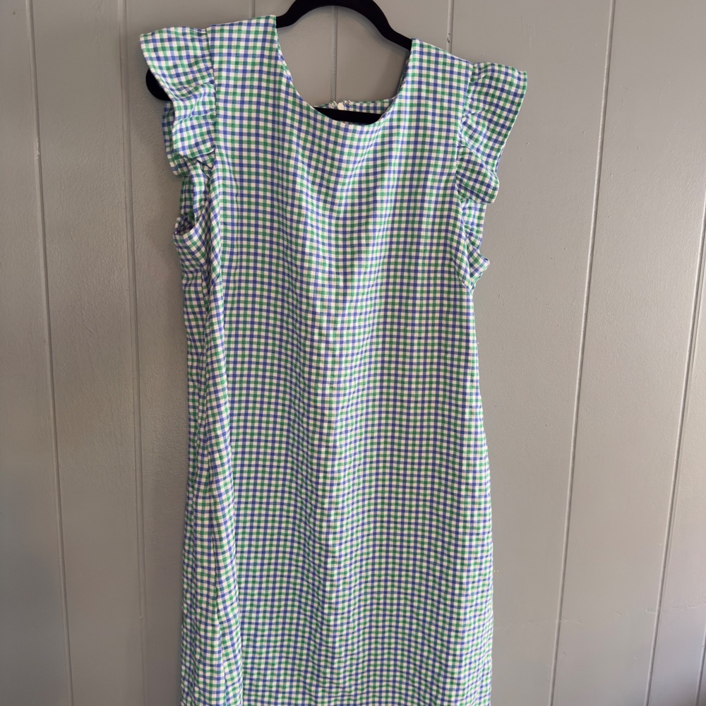 Elle Green and White Gingham Midi Dress with Ruffle Sleeves